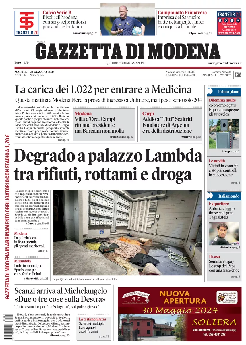 Prima-pagina-gazzetta di modena-oggi-edizione-del-2024-05-28